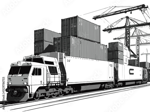 Vector illustration of a shipyard with cranes heavy machinery and equipment. Cargo Train Transporting Shipping Containers at Port