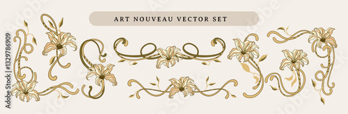 Art Nouveau Bohemian Baroque Motif Border Frame Set Lily Floral Elements And Ornamental Swirls In A Vintage Folk Style