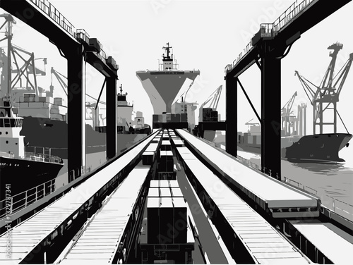 Vector illustration of a shipyard with cranes heavy machinery and equipment. Industrial Port Scene with Ships and Cargo Containers