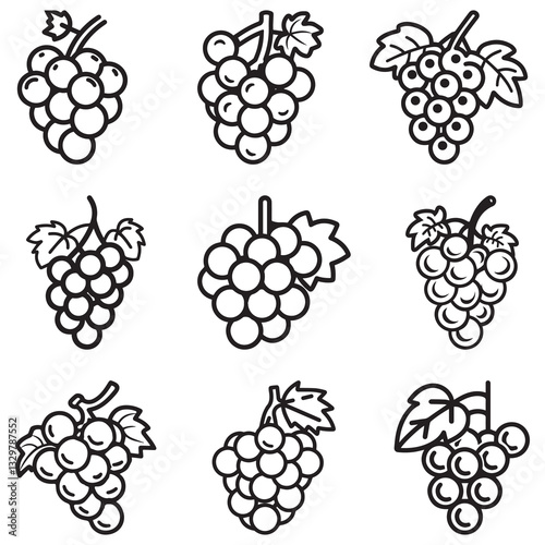 A simple line drawing of a bunch of grapes on a vine, featuring plump black icon vector design.