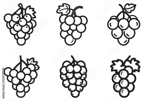 A simple line drawing of a bunch of grapes on a vine, featuring plump black icon vector design.