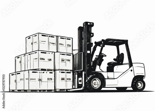 Vector illustration of a shipyard with cranes heavy machinery and equipment. Forklift Lifting White Boxes in Warehouse Setting
