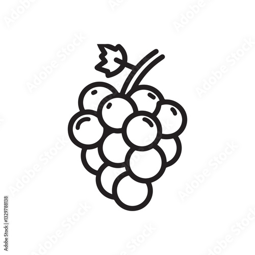 A simple line drawing of a bunch of grapes on a vine, featuring plump black icon vector design.