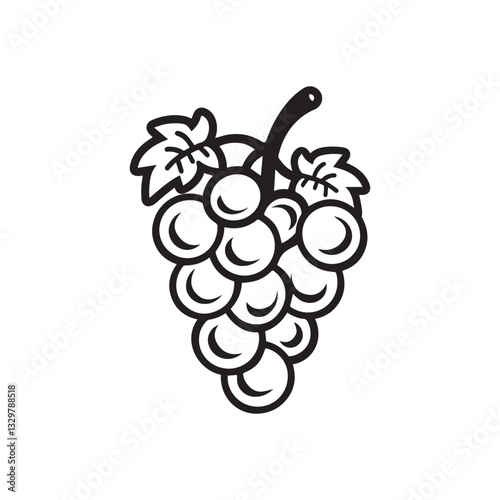 A simple line drawing of a bunch of grapes on a vine, featuring plump black icon vector design.