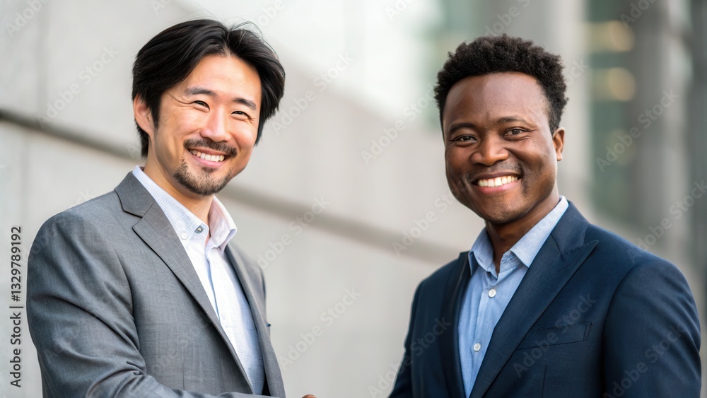Diversity workplace hiring concept. Two professionals smiling and shaking hands in a modern urban setting. Diversity workplace hiring concept. Two professionals smiling and shaking hands in a modern urban setting.
