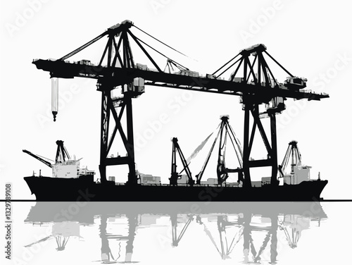 Vector illustration of a shipyard with cranes heavy machinery and equipment. Black and white silhouette of a cargo ship with cranes