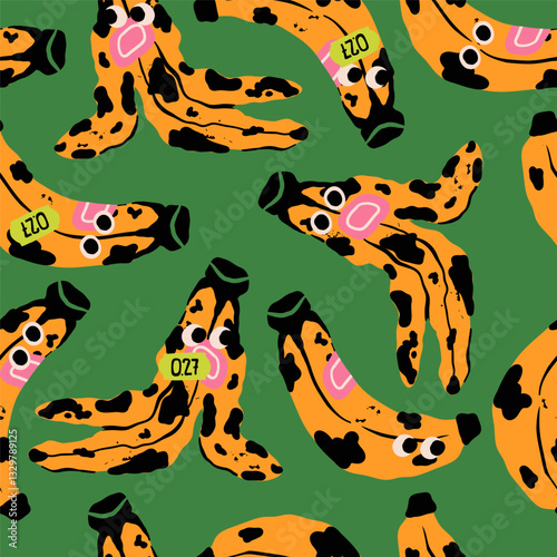 Black Banana with eyes, old rotten banana peel. Hand drawn modern Vector illustration. Square seamless Pattern, background, wallpaper. Various trash, garbage, rubbish, litter concept