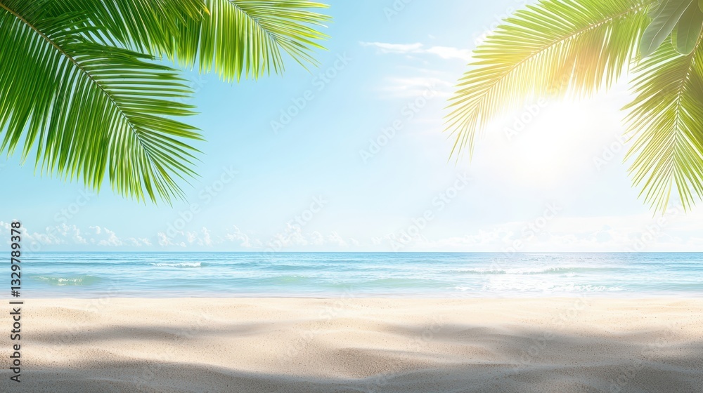 Fototapeta premium Idyllic tropical beach paradise, palm trees swaying under the golden sun