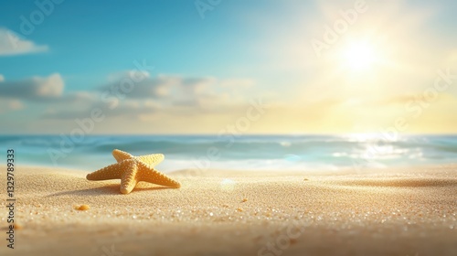 Radiant seaside scene, starfish glistening under the summer sun on the sandy beach
