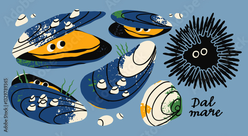 Sea Mussels, clam, shellfish, urchin set. Cartoon style cute characters with eyes. Hand drawn trendy Vector illustration. Sea or ocean creature, natural fresh seafood concept. Isolated design elements
