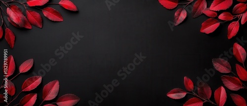 Elegant red leaves on a black background, perfect for seasonal and festive design projects. photo