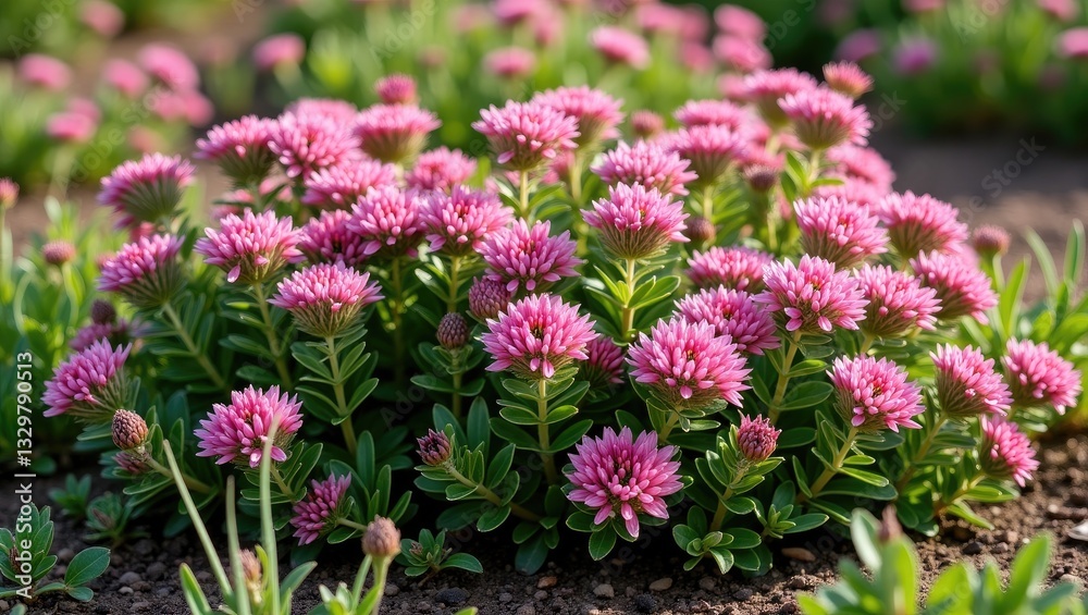 Thymus flowers and sedum plant combination in the meadow. Bright pink blooms nestled among the leaves. Small purple flowers serving as ground cover. Thymus flowers and sedum plant combination in the meadow. Bright pink blooms nestled among the leaves. Small purple flowers serving as ground cover.
