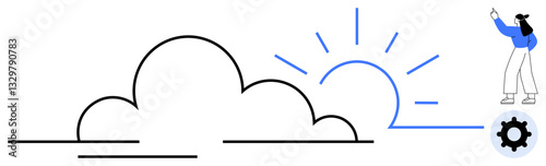 Rising sun behind clouds, woman pointing upward, gear symbol. Ideal for inspiration, innovation, growth, opportunities, optimism breakthroughs progress. Minimalist flat simple metaphor