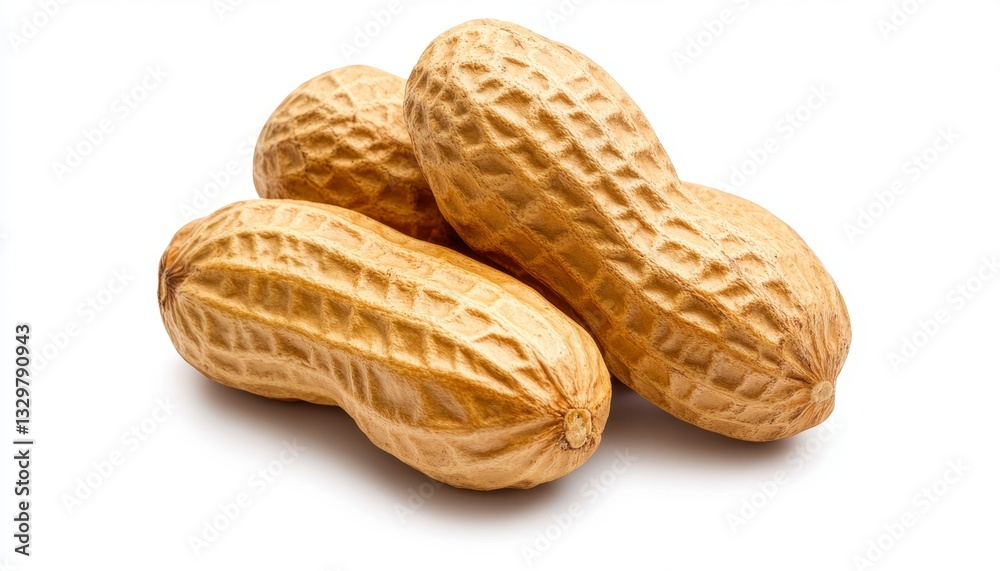 Three Light Brown Peanuts in Shells on White Background Three Light Brown Peanuts in Shells on White Background