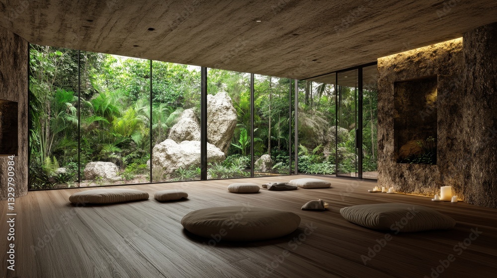 Serene Indoor Meditation Space Surrounded by Lush Greenery Serene Indoor Meditation Space Surrounded by Lush Greenery