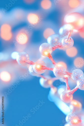 glowing molecular structure formed by nanotechnology, featuring interconnected spheres and illuminated strands against blue background