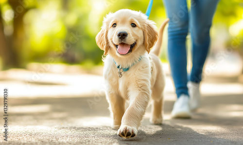 A golden retriever puppy walks alongside its guide dog handler in the park, displaying the bond between guide dogs and their owners during training.