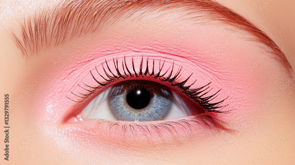 Obraz premium Close-up of eye, soft pink eyeshadow and long lashes, emphasizing beauty and makeup artistry, ideal for cosmetic showcases.