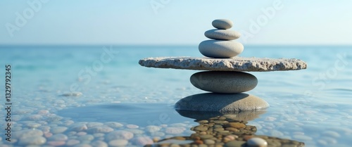 Symbolic balance of stones against a sea backdrop. Concept of harmony and equilibrium.