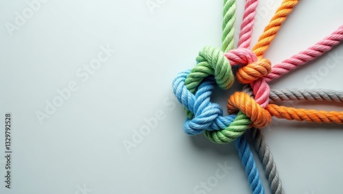 Unity and teamwork theme depicted as a business metaphor for forming a partnership with various ropes intertwined as a corporate emblem for cooperation and collaborative work.