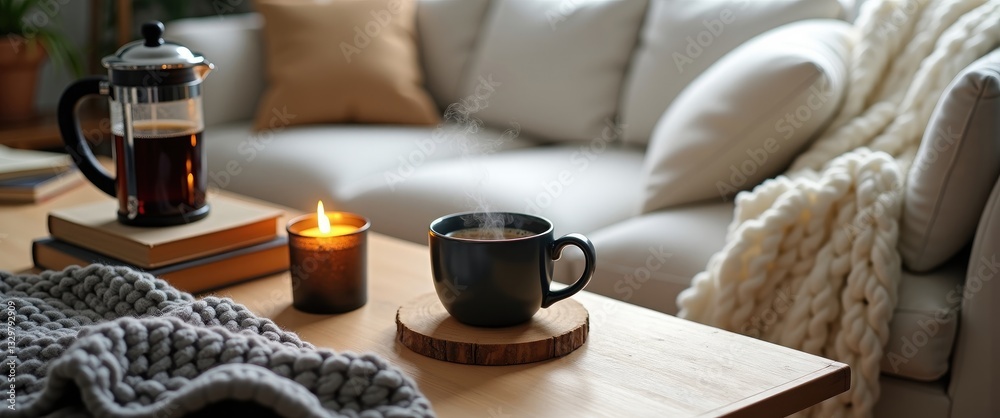 Φωτογραφία Still life showcasing home comfort in the living room with a cup of tea and a kettle, beside a burning candle and a knitted sweater