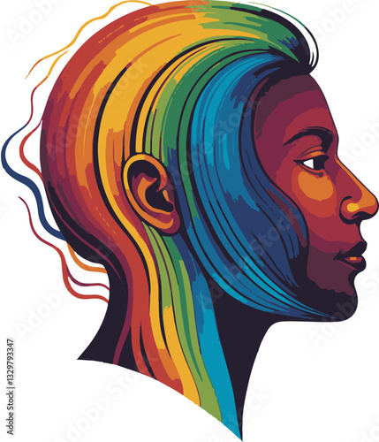  a profile of a woman with rainbow-colored hair