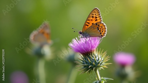 White-letter Hairstreak on Creeping Thistle Butterfly perched on a Creeping Thistle flower. photo
