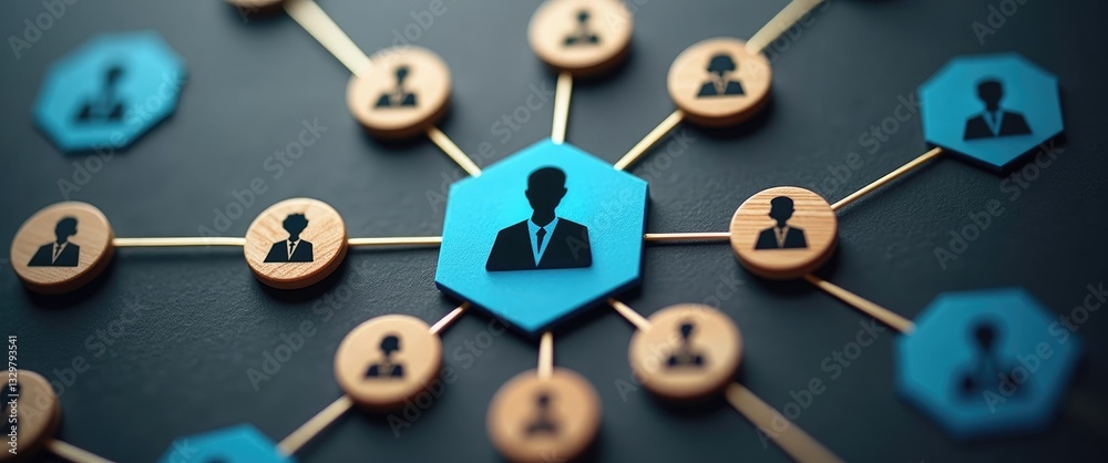 The leader connects with employees through an extensive network of lines. At the core of a complex large system. Social communication. Cooperation and collaboration. Project leadership and personne...