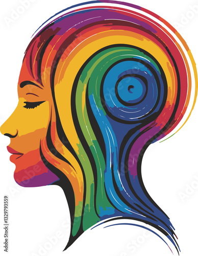  a profile of a woman with rainbow-colored hair