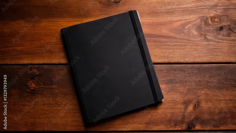 Black notebook mockup on a wooden table, perfect for design and branding projects. Black notebook mockup on a wooden table, perfect for design and branding projects.