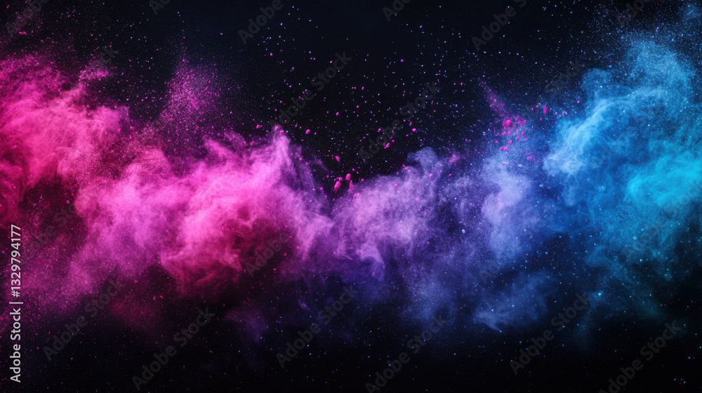 Fototapeta premium Colorful powder explosion with vibrant pink, purple, and blue hues against dark background, creating dynamic and energetic visual effect