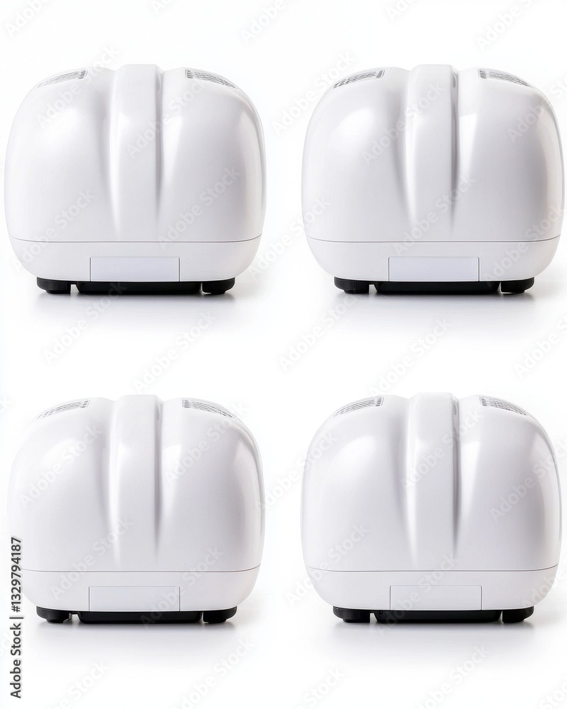 Four white robotic vacuum cleaners arranged symmetrically on plain white background. Four white robotic vacuum cleaners arranged symmetrically on plain white background.