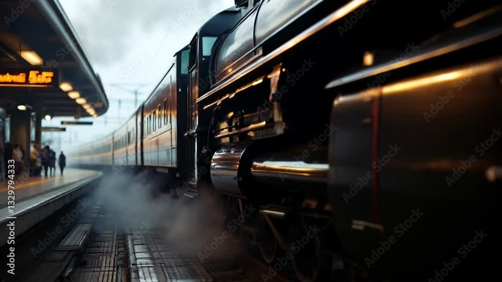 A train is moving along a track, with people waiting on the platform. A train is moving along a track, with people waiting on the platform.