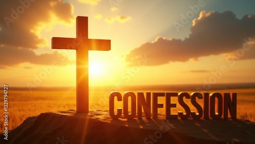 Word Confession beside a silhouette of a cross at sunrise outdoors.
