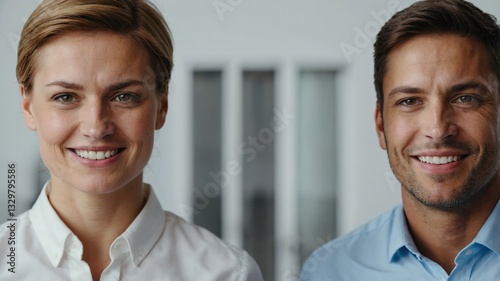 Retrato corporativo de dos personas con camisas formales, capturados en un ambiente de oficina iluminado que refleja un entorno laboral dinámico y profesional photo