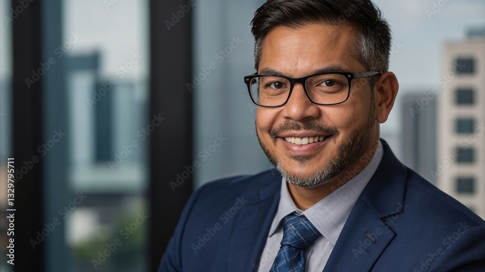 Retrato ejecutivo de un profesional en traje azul con edificios visibles a través de grandes ventanas de oficina, destacando estilo corporativo y éxito empresarial Retrato ejecutivo de un profesional en traje azul con edificios visibles a través de grandes ventanas de oficina, destacando estilo corporativo y éxito empresarial