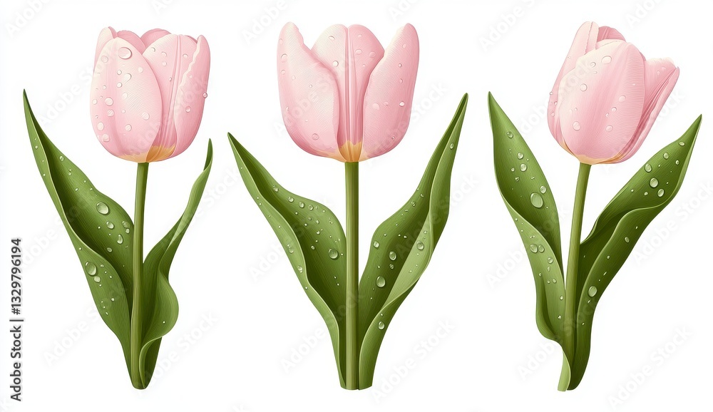 Obraz premium Three Pale Pink Tulips with Dew Drops on White Background