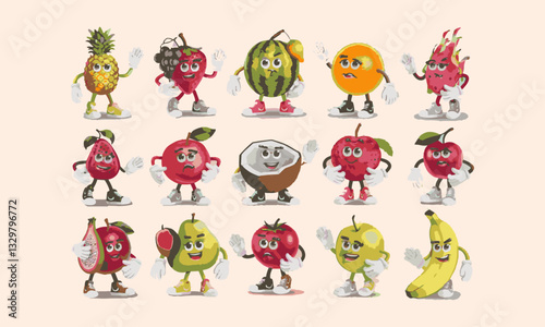  Modern vector-style illustration featuring anthropomorphic fruit characters with expressive faces, easily editable.