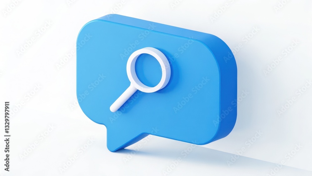 A blue speech bubble containing a magnifying glass icon, representing search, inquiry, and exploration in digital communication and online information discovery.
A blue speech bubble containing a magnifying glass icon, representing search, inquiry, and exploration in digital communication and online information discovery.