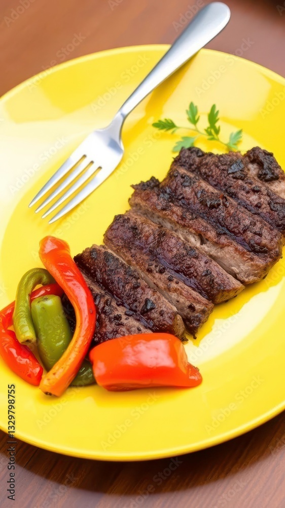 A seared steak garnished with colorful peppers served on a vibrant yellow plate, bringing bold and lively energy to the meal A seared steak garnished with colorful peppers served on a vibrant yellow plate, bringing bold and lively energy to the meal