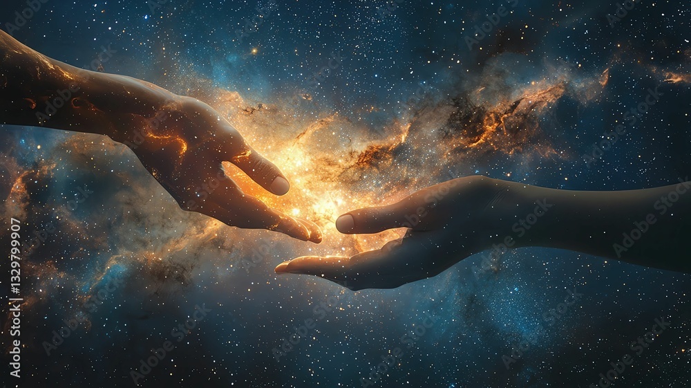 Fototapeta premium double exposure hands touching and the universe spinning inside Hands connecting in a cosmic embrace