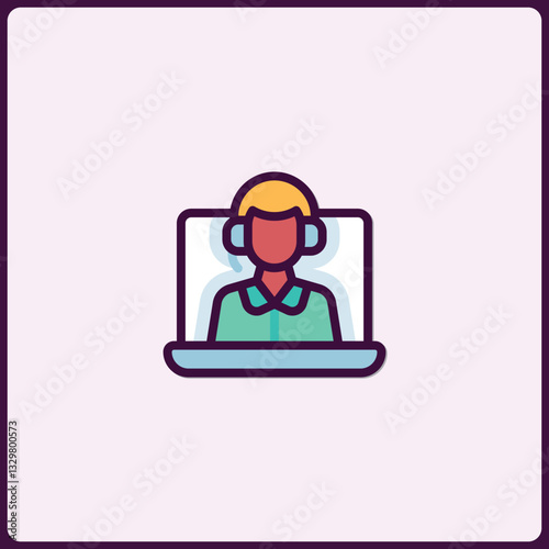 Modern Customer Service Representative Icon with Headset and Laptop