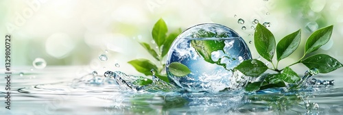 Earth partially submerged in water with green leaves, symbolizing sustainability and conservation. Ideal for World Water Day banners, eco campaigns, and environmental awareness