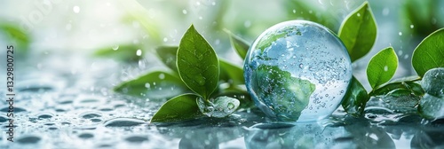 Earth encased in water droplets among fresh green leaves, symbolizing sustainability and conservation. Ideal for World Water Day banners, eco campaigns, and climate awareness