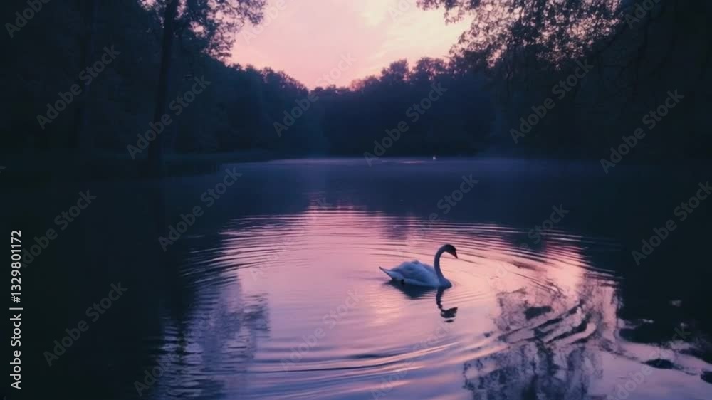 Swan swims on misty lake at dusk with forest backdrop for serenity or environmental ad Swan swims on misty lake at dusk with forest backdrop for serenity or environmental ad