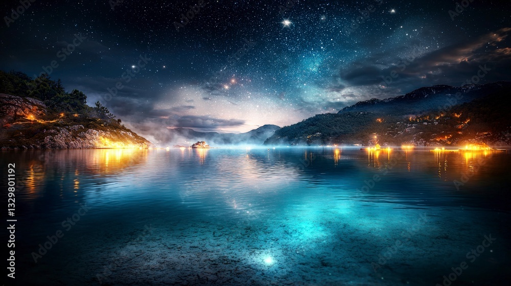 Fototapeta premium Celestial reflection over tranquil lake nighttime landscape photography serene nature starry sky view
