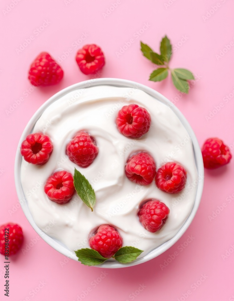 Yogurt with raspberries on a pink background Yogurt with raspberries on a pink background