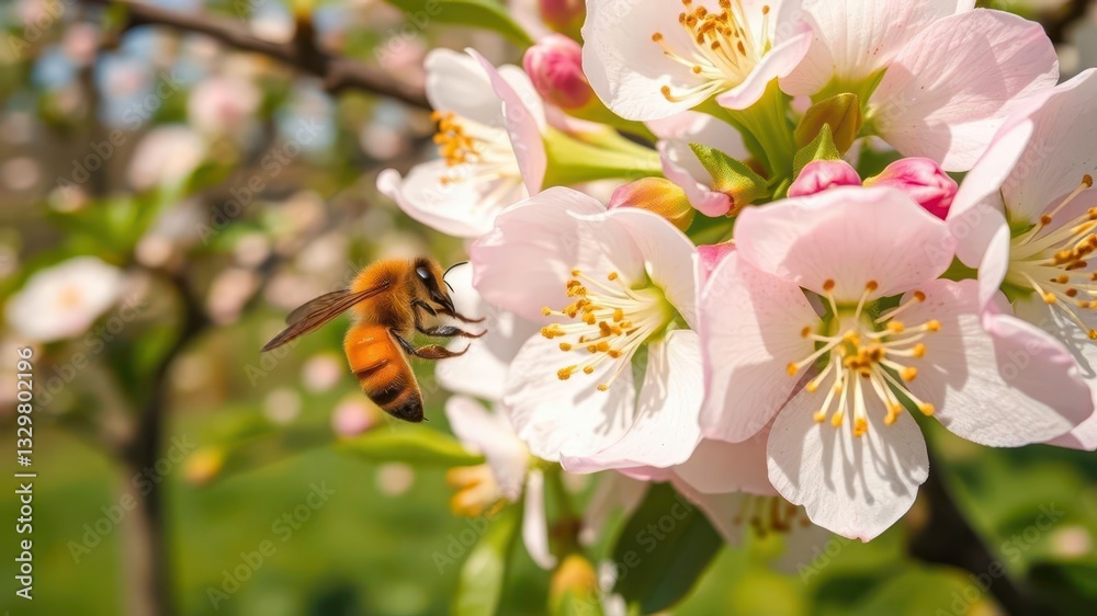 Fototapeta premium Close Up of a Honey Bee Hovering Over Apple Tree Blossoms in a Springtime Garden