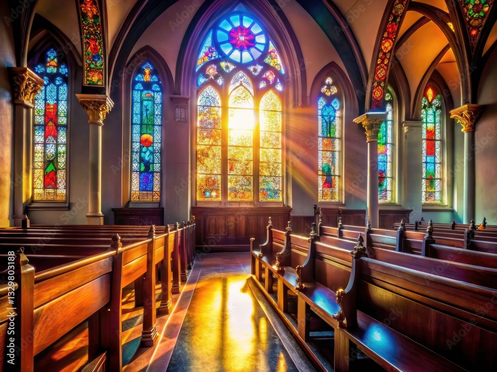 Fototapeta premium Serene Church Interior Silhouette Photography: Peaceful Stained Glass, Wooden Pews, Soft Light