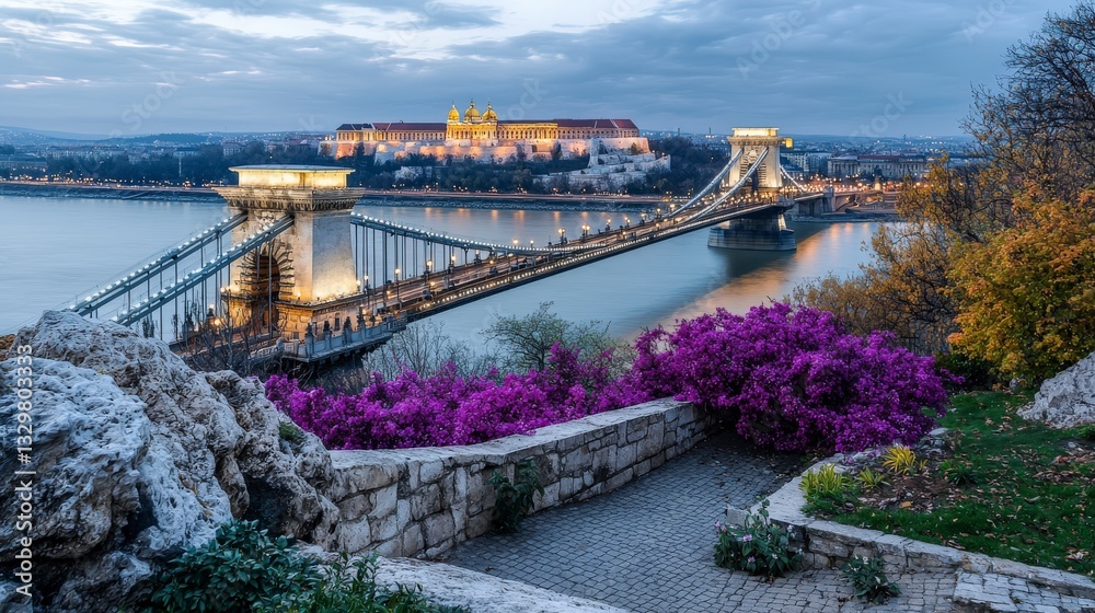 Fototapeta premium Evening serenity chain bridge budapest landscape photography scenic view urban beauty